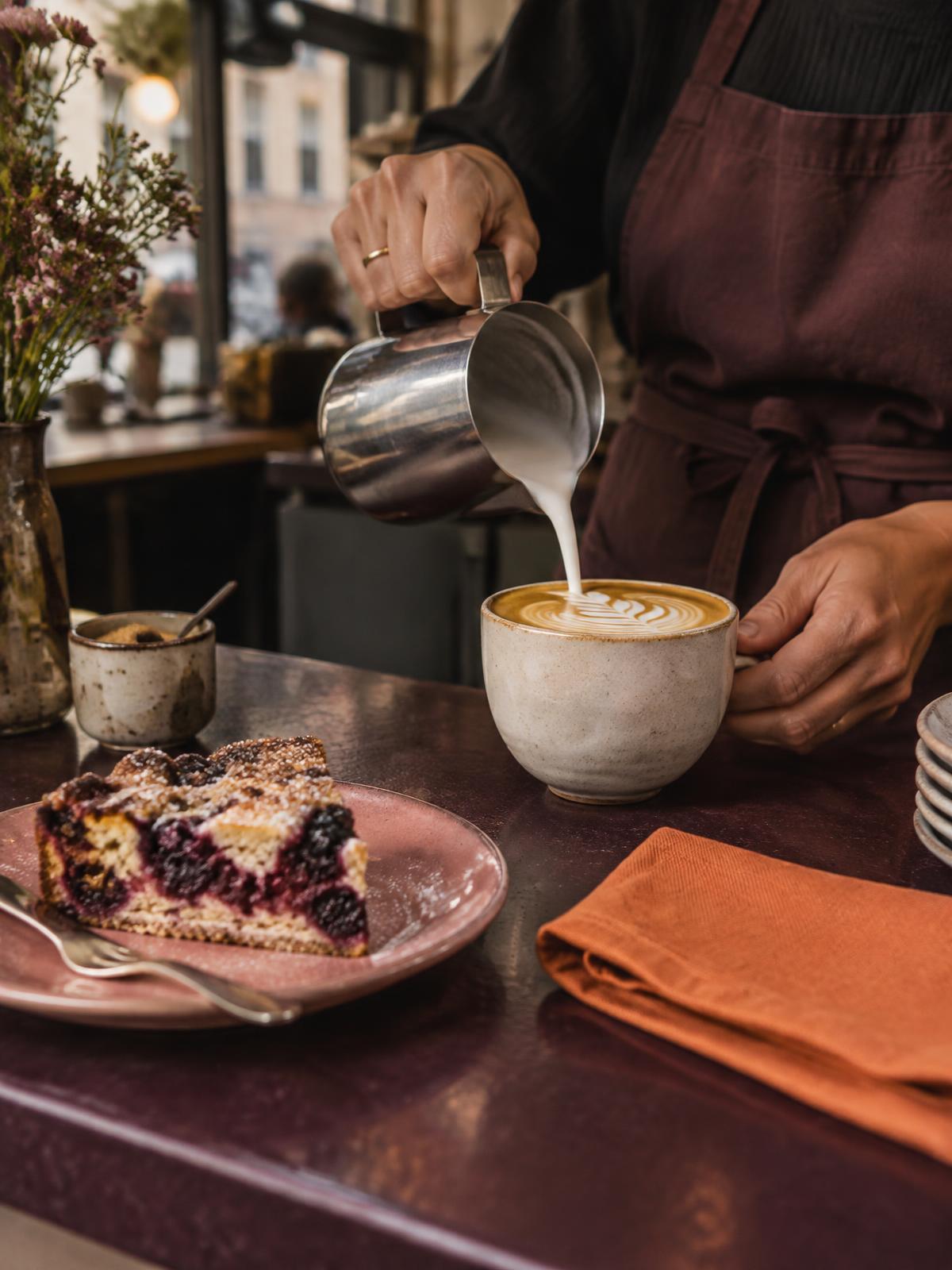Latte Art und frisch gebackener Beerenkuchen